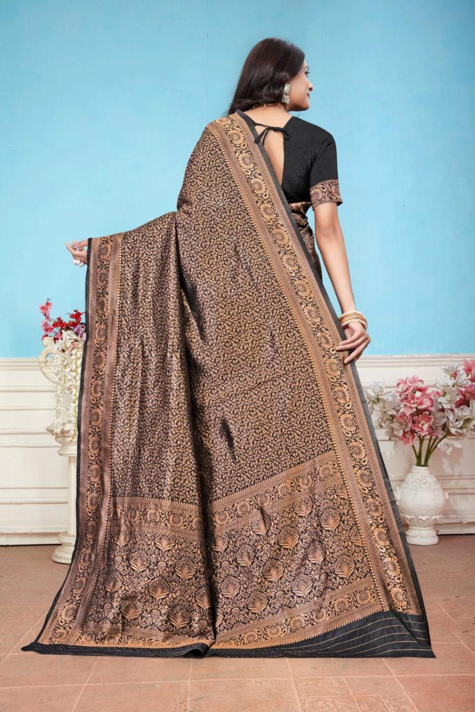 AXONIT Women's Premium Banarasi Silk Saree with Floral & Traditional Patterns & Heavy Golden Zari Border with Unstitched Blouse Piece - Black