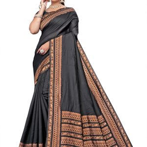 AXONIT Women’s Premium Banarasi Silk Saree with Copper Zari Weaving with Traditional Motifs & Copper Zari Border with Unstitched Blouse Piece – Black