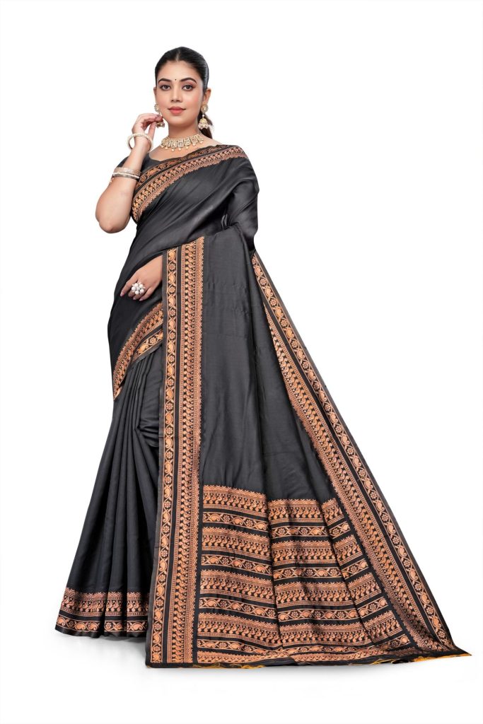 AXONIT Women's Premium Banarasi Silk Saree with Copper Zari Weaving with Traditional Motifs & Copper Zari Border with Unstitched Blouse Piece - Black