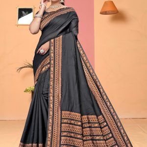 AXONIT Women's Premium Banarasi Silk Saree with Copper Zari Weaving with Traditional Motifs & Copper Zari Border with Unstitched Blouse Piece - Black