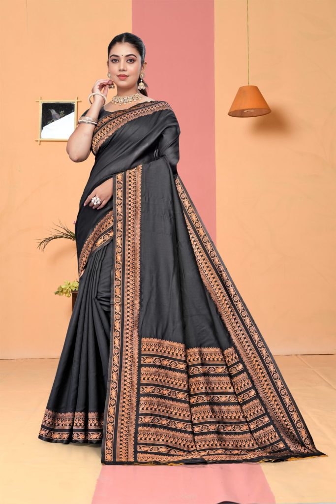 AXONIT Women's Premium Banarasi Silk Saree with Copper Zari Weaving with Traditional Motifs & Copper Zari Border with Unstitched Blouse Piece - Black