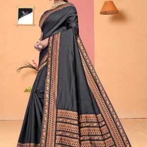 AXONIT Women's Premium Banarasi Silk Saree with Copper Zari Weaving with Traditional Motifs & Copper Zari Border with Unstitched Blouse Piece - Black