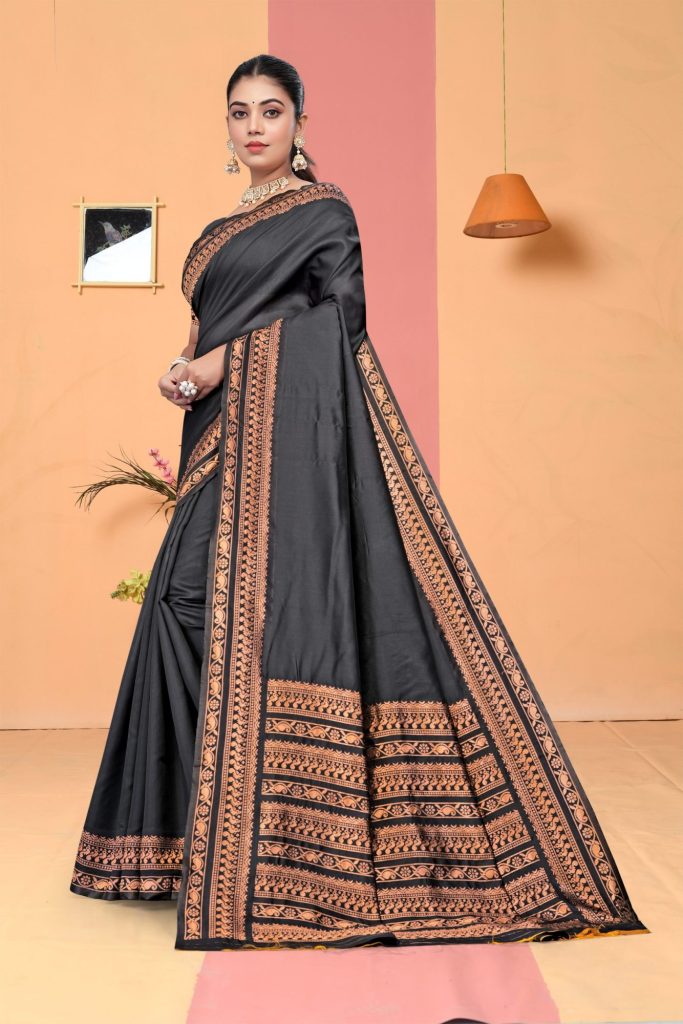 AXONIT Women's Premium Banarasi Silk Saree with Copper Zari Weaving with Traditional Motifs & Copper Zari Border with Unstitched Blouse Piece - Black