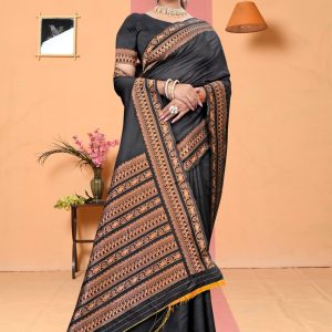 AXONIT Women's Premium Banarasi Silk Saree with Copper Zari Weaving with Traditional Motifs & Copper Zari Border with Unstitched Blouse Piece - Black