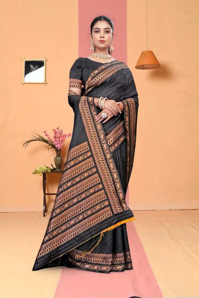 AXONIT Women's Premium Banarasi Silk Saree with Copper Zari Weaving with Traditional Motifs & Copper Zari Border with Unstitched Blouse Piece - Black