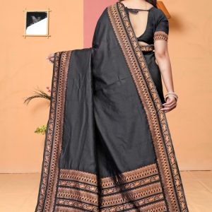 AXONIT Women's Premium Banarasi Silk Saree with Copper Zari Weaving with Traditional Motifs & Copper Zari Border with Unstitched Blouse Piece - Black