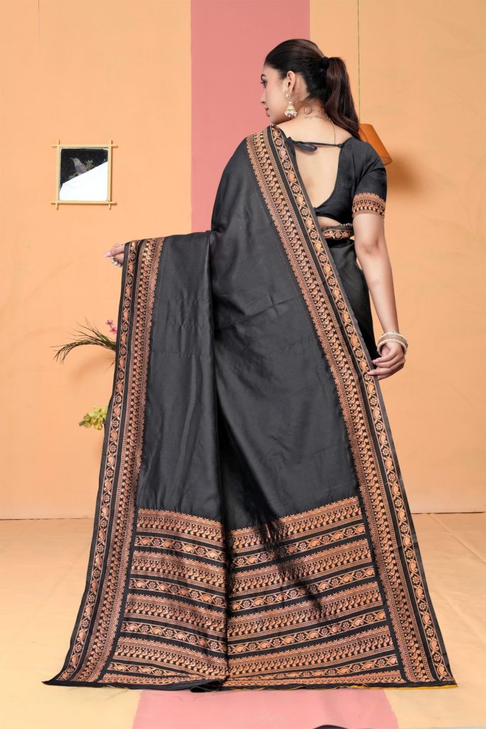 AXONIT Women's Premium Banarasi Silk Saree with Copper Zari Weaving with Traditional Motifs & Copper Zari Border with Unstitched Blouse Piece - Black