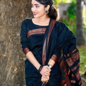 AXONIT Women's Premium Banarasi Silk Saree with Copper Zari Weaving with Traditional Motifs & Copper Zari Border with Unstitched Blouse Piece - Black
