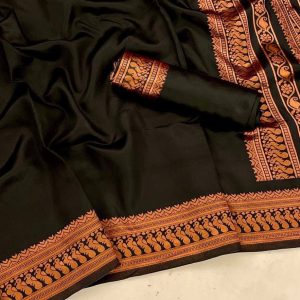 AXONIT Women's Premium Banarasi Silk Saree with Copper Zari Weaving with Traditional Motifs & Copper Zari Border with Unstitched Blouse Piece - Black