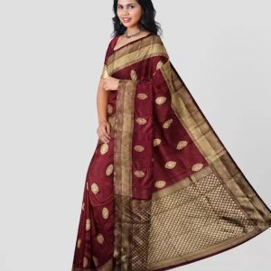 AXONIT Women's Premium Banarasi Silk Saree with Copper Zari Weaving with Traditional Motifs & Golden Zari Border with Unstitched Blouse Piece - Maroon