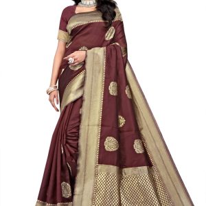AXONIT Women's Premium Banarasi Silk Saree with Copper Zari Weaving with Traditional Motifs & Golden Zari Border with Unstitched Blouse Piece - Maroon