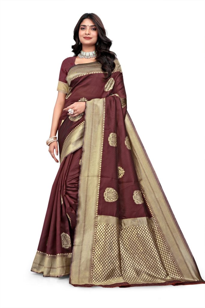 AXONIT Women's Premium Banarasi Silk Saree with Copper Zari Weaving with Traditional Motifs & Golden Zari Border with Unstitched Blouse Piece - Maroon