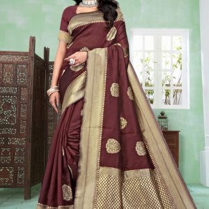 AXONIT Women's Premium Banarasi Silk Saree with Copper Zari Weaving with Traditional Motifs & Golden Zari Border with Unstitched Blouse Piece - Maroon