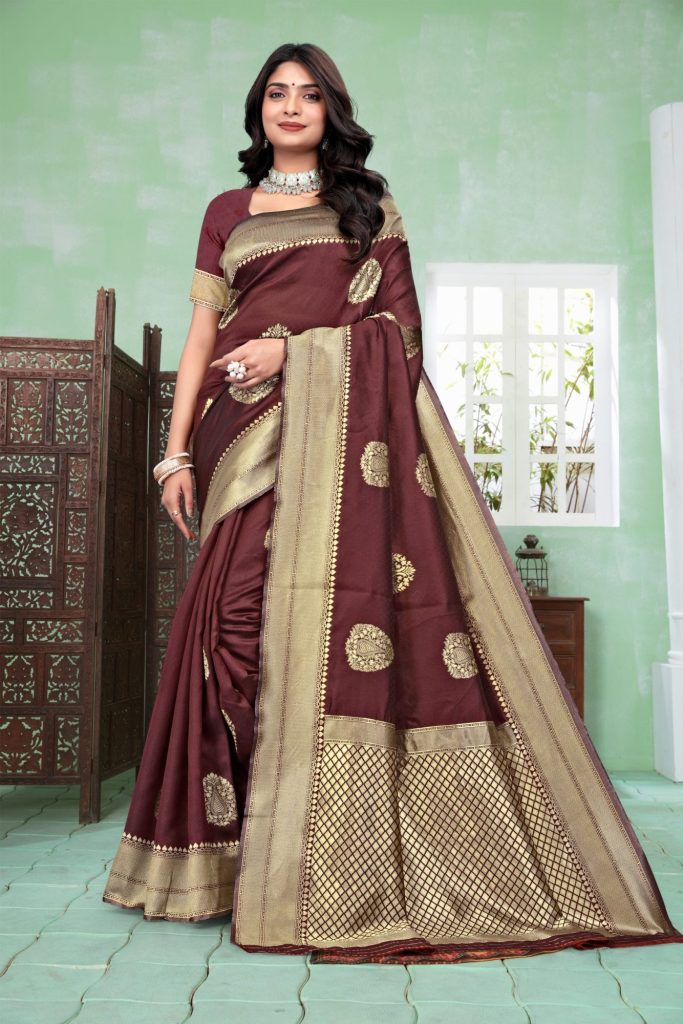 AXONIT Women's Premium Banarasi Silk Saree with Copper Zari Weaving with Traditional Motifs & Golden Zari Border with Unstitched Blouse Piece - Maroon