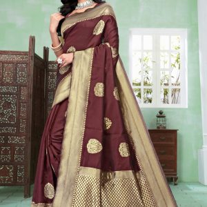 AXONIT Women's Premium Banarasi Silk Saree with Copper Zari Weaving with Traditional Motifs & Golden Zari Border with Unstitched Blouse Piece - Maroon