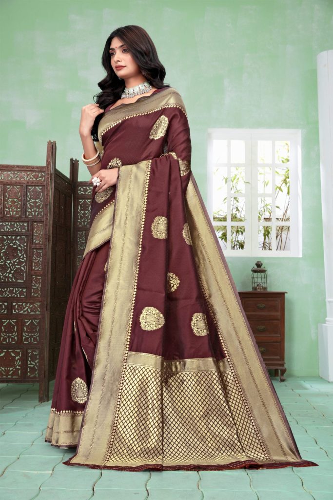AXONIT Women's Premium Banarasi Silk Saree with Copper Zari Weaving with Traditional Motifs & Golden Zari Border with Unstitched Blouse Piece - Maroon