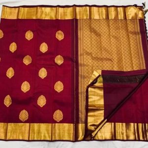 AXONIT Women's Premium Banarasi Silk Saree with Copper Zari Weaving with Traditional Motifs & Golden Zari Border with Unstitched Blouse Piece - Maroon