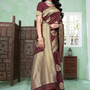 AXONIT Women's Premium Banarasi Silk Saree with Copper Zari Weaving with Traditional Motifs & Golden Zari Border with Unstitched Blouse Piece - Maroon