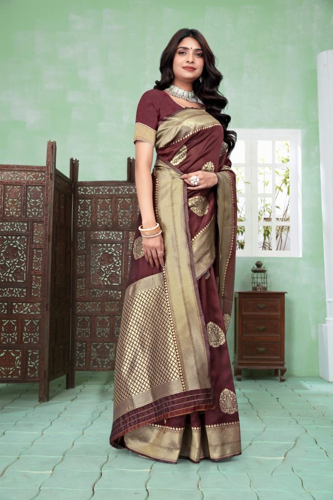 AXONIT Women's Premium Banarasi Silk Saree with Copper Zari Weaving with Traditional Motifs & Golden Zari Border with Unstitched Blouse Piece - Maroon