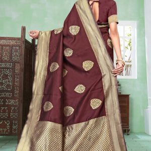 AXONIT Women's Premium Banarasi Silk Saree with Copper Zari Weaving with Traditional Motifs & Golden Zari Border with Unstitched Blouse Piece - Maroon