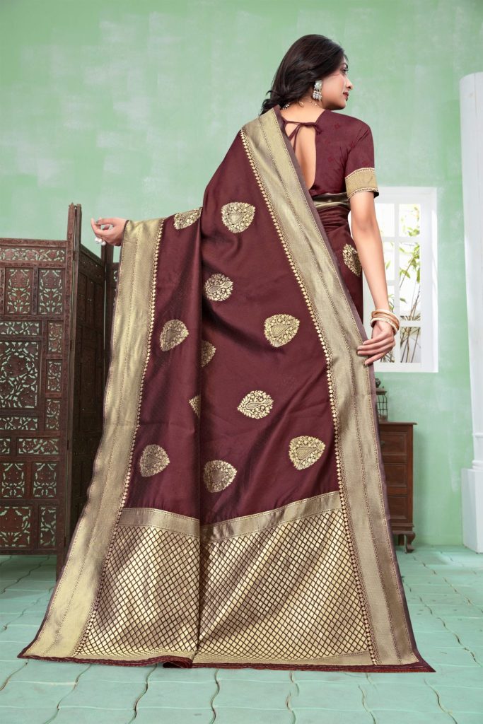 AXONIT Women's Premium Banarasi Silk Saree with Copper Zari Weaving with Traditional Motifs & Golden Zari Border with Unstitched Blouse Piece - Maroon