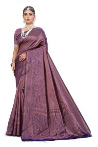AXONIT Women's Premium Banarasi Silk Saree with Golden & Copper Zari Weaving with Paisley Patterns & Zari Border with Unstitched Blouse Piece - Navy Blue
