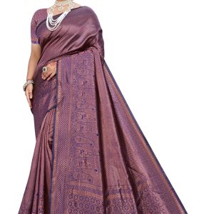 AXONIT Women's Premium Banarasi Silk Saree with Golden & Copper Zari Weaving with Paisley Patterns & Zari Border with Unstitched Blouse Piece - Navy Blue