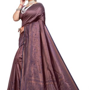 AXONIT Women's Premium Banarasi Silk Saree with Golden & Copper Zari Weaving with Paisley Patterns & Zari Border with Unstitched Blouse Piece - Navy Blue