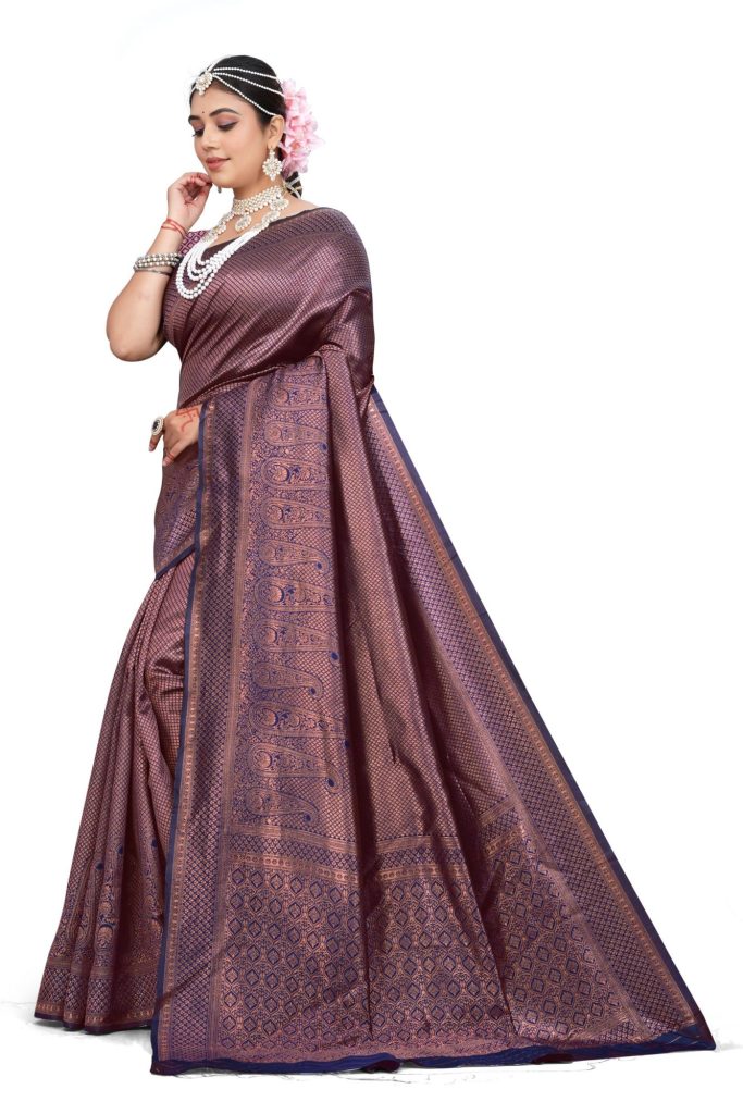 AXONIT Women's Premium Banarasi Silk Saree with Golden & Copper Zari Weaving with Paisley Patterns & Zari Border with Unstitched Blouse Piece - Navy Blue