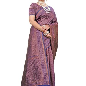 AXONIT Women's Premium Banarasi Silk Saree with Golden & Copper Zari Weaving with Paisley Patterns & Zari Border with Unstitched Blouse Piece - Navy Blue