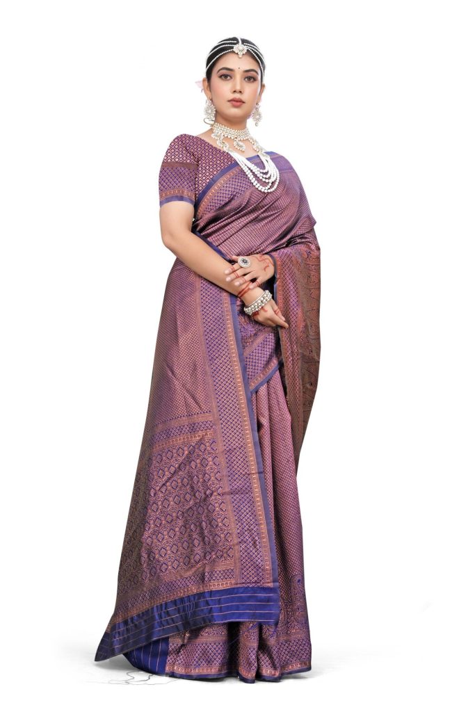AXONIT Women's Premium Banarasi Silk Saree with Golden & Copper Zari Weaving with Paisley Patterns & Zari Border with Unstitched Blouse Piece - Navy Blue