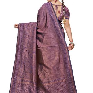 AXONIT Women's Premium Banarasi Silk Saree with Golden & Copper Zari Weaving with Paisley Patterns & Zari Border with Unstitched Blouse Piece - Navy Blue