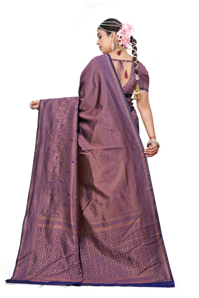 AXONIT Women's Premium Banarasi Silk Saree with Golden & Copper Zari Weaving with Paisley Patterns & Zari Border with Unstitched Blouse Piece - Navy Blue