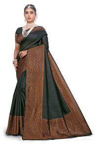 AXONIT Women's Premium Soft Silk Saree with Copper Zari Floral Weaving & Copper Zari Border with Traditional Motifs with Unstitched Blouse Piece - Black