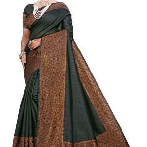 AXONIT Women's Premium Soft Silk Saree with Copper Zari Floral Weaving & Copper Zari Border with Traditional Motifs with Unstitched Blouse Piece - Black