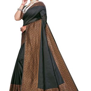 AXONIT Women's Premium Soft Silk Saree with Copper Zari Floral Weaving & Copper Zari Border with Traditional Motifs with Unstitched Blouse Piece - Black