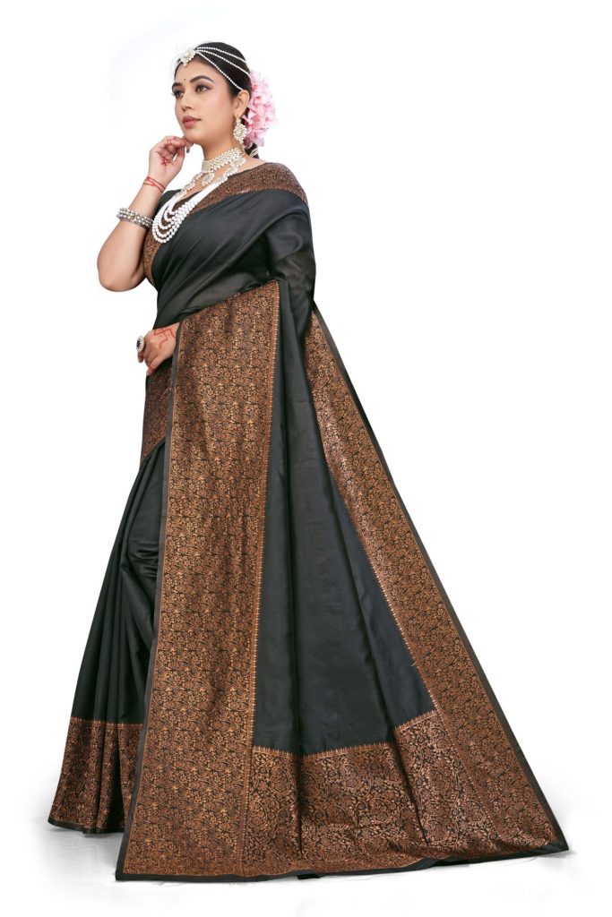 AXONIT Women's Premium Soft Silk Saree with Copper Zari Floral Weaving & Copper Zari Border with Traditional Motifs with Unstitched Blouse Piece - Black