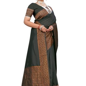 AXONIT Women's Premium Soft Silk Saree with Copper Zari Floral Weaving & Copper Zari Border with Traditional Motifs with Unstitched Blouse Piece - Black