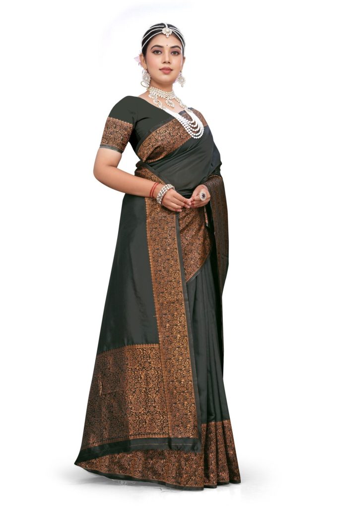 AXONIT Women's Premium Soft Silk Saree with Copper Zari Floral Weaving & Copper Zari Border with Traditional Motifs with Unstitched Blouse Piece - Black