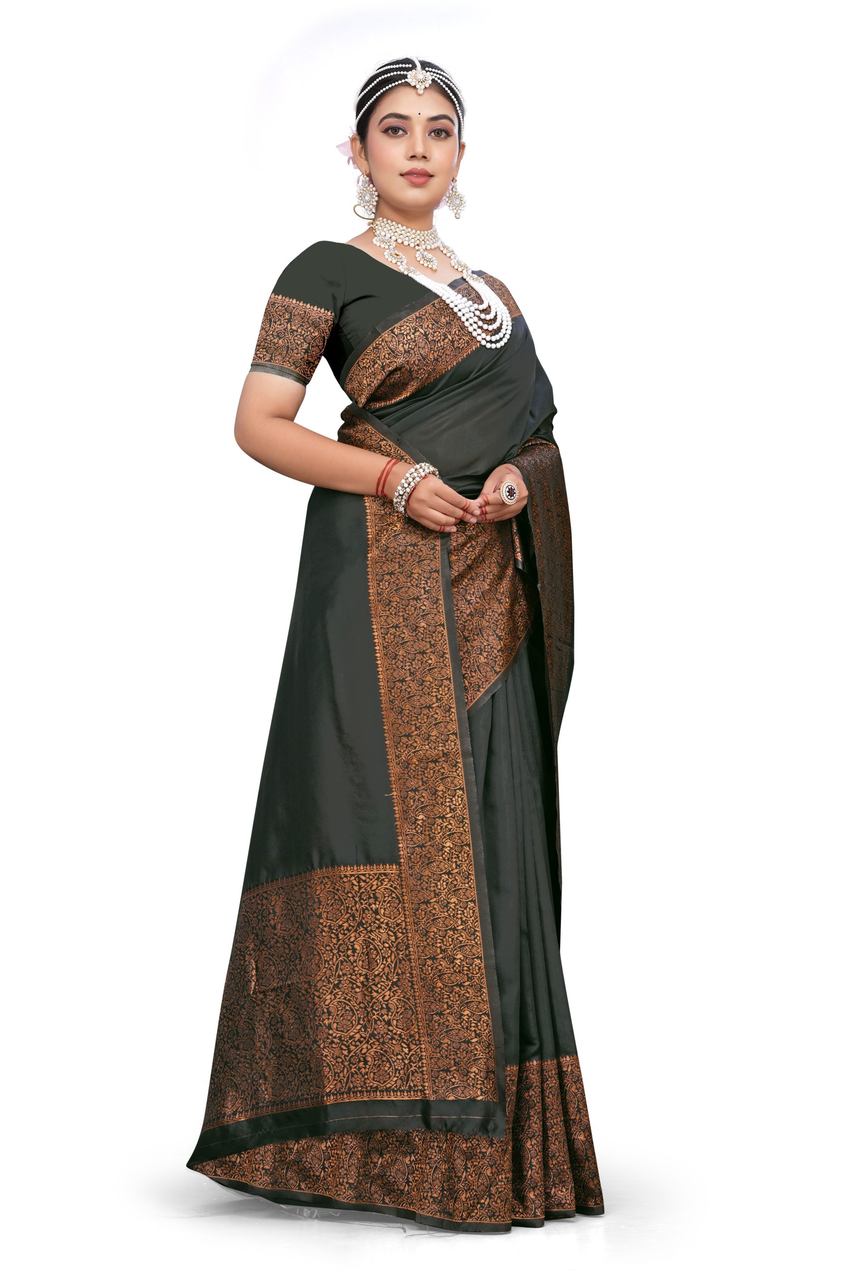 AXONIT Women's Premium Soft Silk Saree with Copper Zari Floral Weaving & Copper Zari Border with Traditional Motifs with Unstitched Blouse Piece - Black