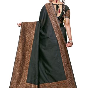 AXONIT Women's Premium Soft Silk Saree with Copper Zari Floral Weaving & Copper Zari Border with Traditional Motifs with Unstitched Blouse Piece - Black
