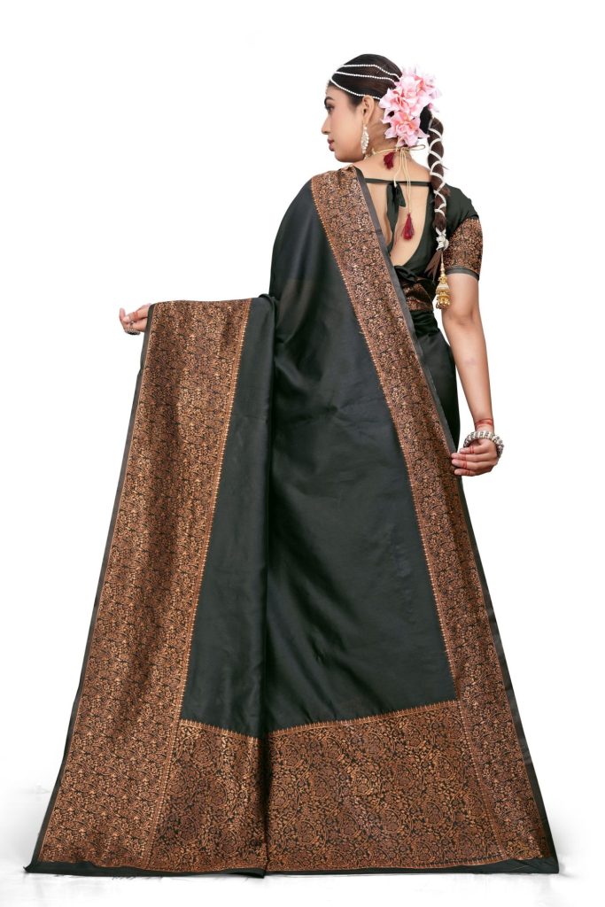 AXONIT Women's Premium Soft Silk Saree with Copper Zari Floral Weaving & Copper Zari Border with Traditional Motifs with Unstitched Blouse Piece - Black