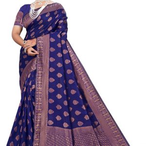 AXONIT Women's Premium Banarasi Silk Saree with Golden Zari Weaving with Butti Design & Golden Zari Border with Unstitched Blouse Piece - Navy Blue