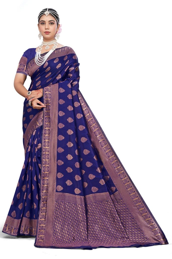 AXONIT Women's Premium Banarasi Silk Saree with Golden Zari Weaving with Butti Design & Golden Zari Border with Unstitched Blouse Piece - Navy Blue