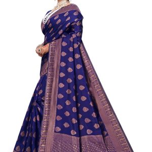 AXONIT Women's Premium Banarasi Silk Saree with Golden Zari Weaving with Butti Design & Golden Zari Border with Unstitched Blouse Piece - Navy Blue