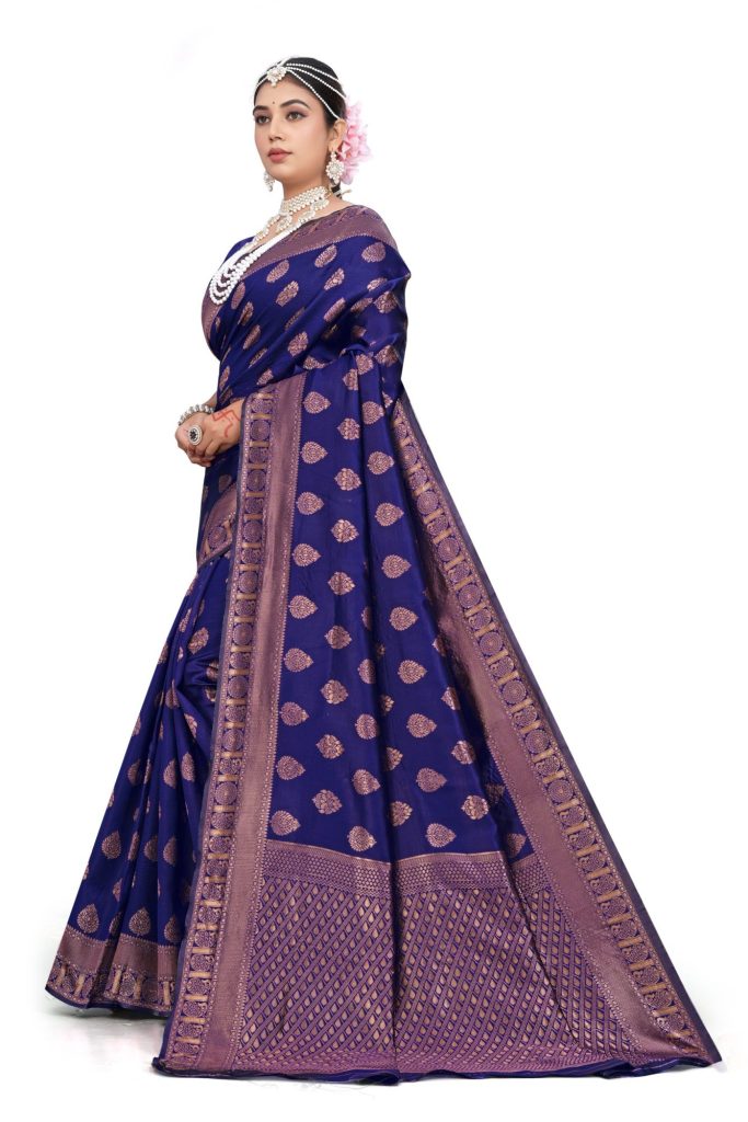 AXONIT Women's Premium Banarasi Silk Saree with Golden Zari Weaving with Butti Design & Golden Zari Border with Unstitched Blouse Piece - Navy Blue