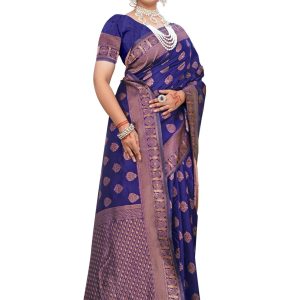 AXONIT Women's Premium Banarasi Silk Saree with Golden Zari Weaving with Butti Design & Golden Zari Border with Unstitched Blouse Piece - Navy Blue