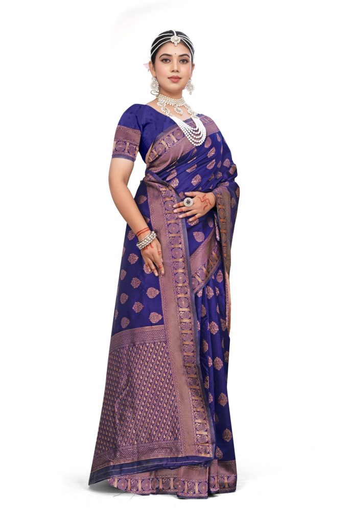 AXONIT Women's Premium Banarasi Silk Saree with Golden Zari Weaving with Butti Design & Golden Zari Border with Unstitched Blouse Piece - Navy Blue