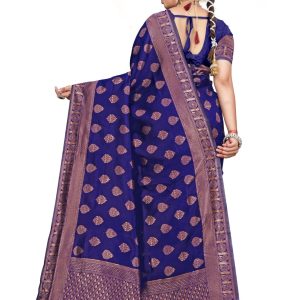 AXONIT Women's Premium Banarasi Silk Saree with Golden Zari Weaving with Butti Design & Golden Zari Border with Unstitched Blouse Piece - Navy Blue