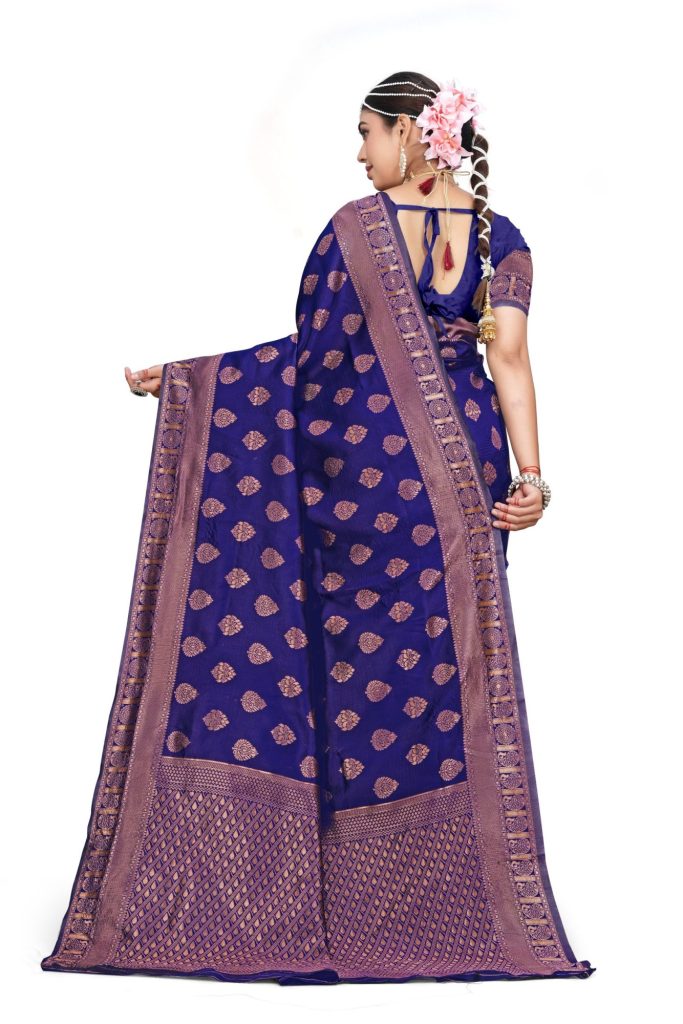 AXONIT Women's Premium Banarasi Silk Saree with Golden Zari Weaving with Butti Design & Golden Zari Border with Unstitched Blouse Piece - Navy Blue